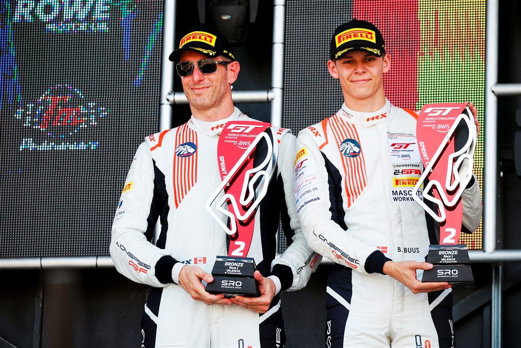 Bastian Buus på dobbeltpodie i Valencia. 
(Foto: SRO Motorsports Group)